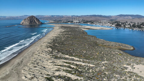 A sand bar on a beach is surrounded by water on both sides.