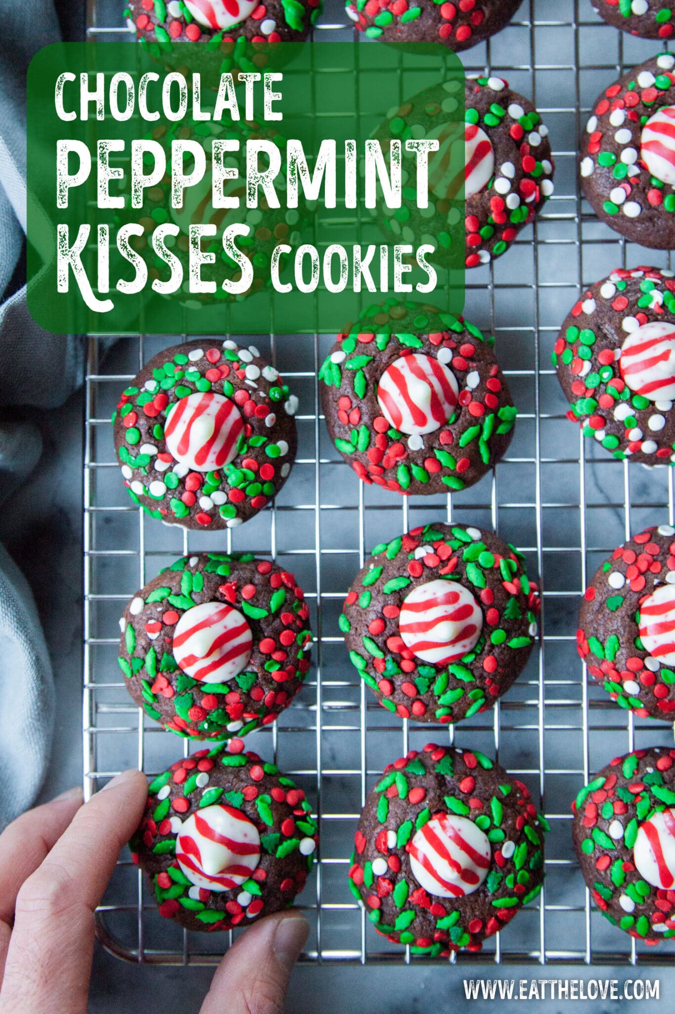This chocolate peppermint kisses cookies have a holiday flair with the peppermint kiss and sprinkles and they’re super easy to make!