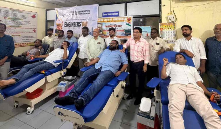 Blood donation, poor feeding, felicitation of seniors mark Engineers Day in Mancherial